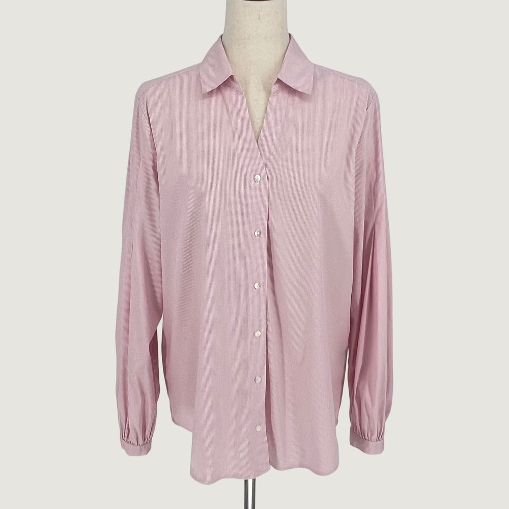 J. McLaughlin Women Pinstripe Button Down Balloon Sleeve Shirt Size L Pink Crisp